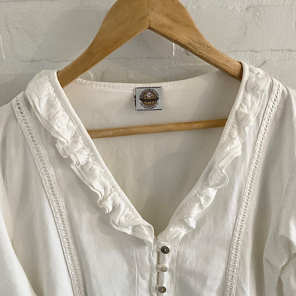 Vintage La Cotonnière Button down Blouse Ruffled Off White Cottagecore Sz XL - Picture 3 of 14
